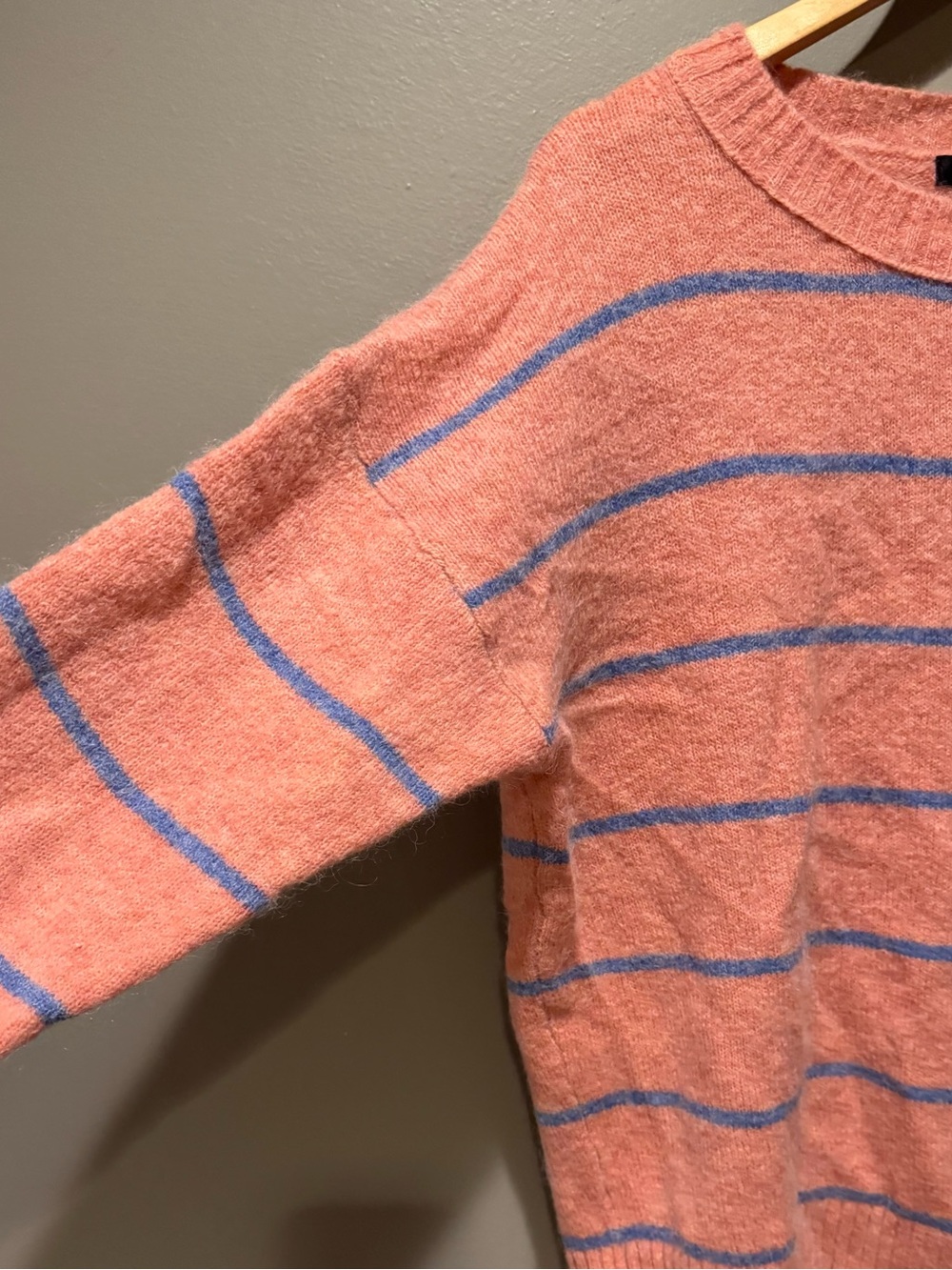 J. Crew Coral Pink Crewneck Sweater with Blue Stripes - Picture 3 of 5